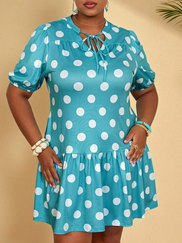 Plus Size Women Tie Collar Polka Dot Print Ruffle Casual Party Dress Polka Dot Dresses For Women Plus Size Summer Dresses For Women  Summer Dress  Summer Outfits Summer Clothes Spring Dress Spring Outfit Women Spring Clothing Country Style For Women Country Dress For Women Vacation Outfits Women  Festival Outfits For Women Beach Outfits For Women Polka Dot Dress