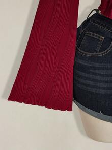 SHEIN ICON Áo cánh ngắn xếp ly tay chuông cổ chữ V sâu, màu trơn, phong cách nghỉ dưỡng thường ngày cỡ lớn dành cho nữ, mùa xuân/thu - Màu Đỏ Sâu - Xem 8