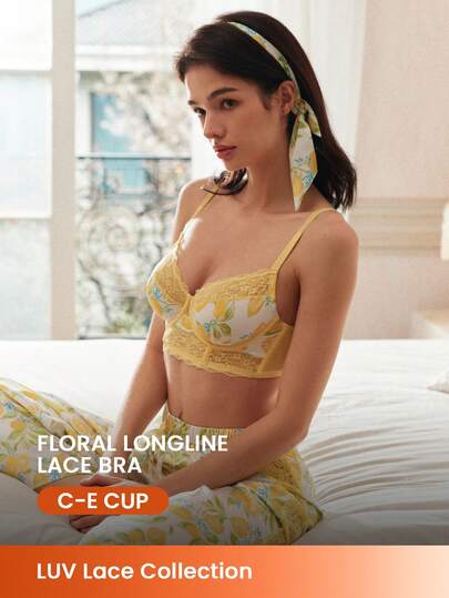 LUVLETTE Breathable Lace Elegance Unlined Push-Up Breezy Comfort Balconette Lemon Print Vacation Style Corset Lingerie Minimizer Bra