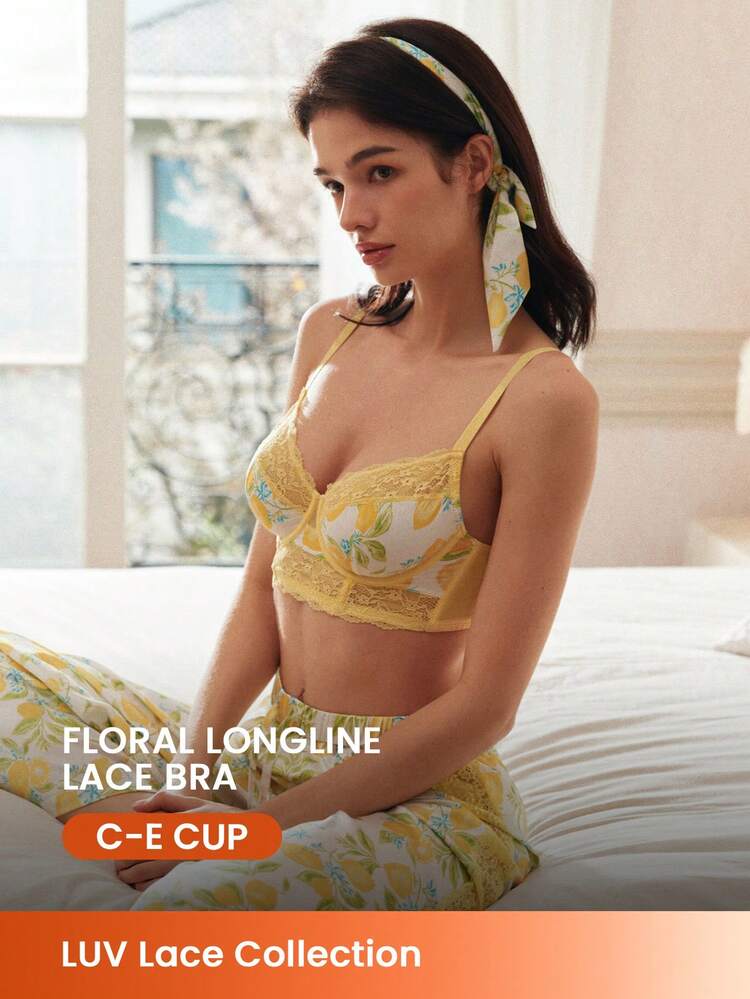 Sutiã Minimizador de Estilo de Férias Corset Lingerie com Estampa de Limão, Respirável, Elegante em Renda, Sem Forro, Push-Up, Conforto Leve, Estilo Balconete