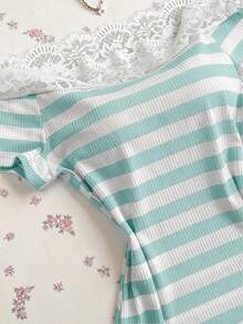 Mori Grove Mori Grove Women's Casual Lace Patchwork Striped Off-Shoulder Short Sleeve T-Shirt, Suitable For Daily Commute - Green - View 5
