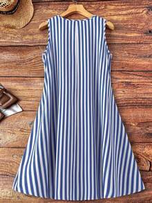 Linhara Vestido sin mangas con cuello en V a rayas y parches, adecuado para vacaciones, talla grande - Azul y blanco - Ver 2