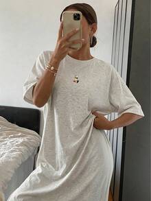 DAZY Loose Fit Homewear Dress With Patterned Decorative Dropped Shoulders Pajama, Moo Moo Night Dress - Light Grey - View 1