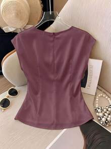 Franclia Women's Elegant Round Neck Waist Fitted Pleated Short Sleeve Versatile Solid Light Peach Blouse - Red Violet - View 2
