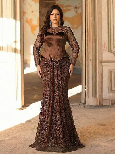 Aureia 大码优雅浪漫咖啡色法式蕾丝薄纱袖收腰鱼尾连衣裙，饰有亮片，适合婚礼、派对、庆典、正式活动、晚宴（精致设计）