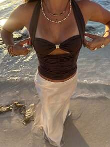 Aloruh Women's Solid Color Minimalist Halter Neck Tank Top, Everyday Wear - Brown - View 9