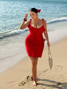 Sunnyshic Plus Size Women's Red Summer Satin Mini Dress,3D Rose Decor Open Back Ruched Bodycon Cocktail Party,Beach Rave Holiday,Formal Dress - Red - View 4