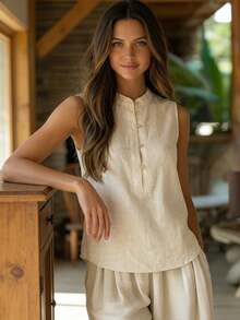 Zayélia Linen-Like Bamboo Knot Half-Placket Casual Vacation Shirt For Women - Apricot - View 3