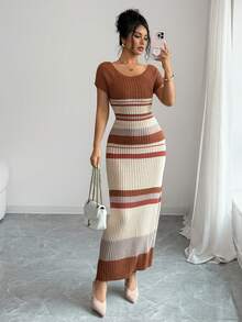Elenzga 女士春夏新款弹力腰经典条纹时尚百搭休闲优雅修身长款针织裙 - 彩色 - 查看 5