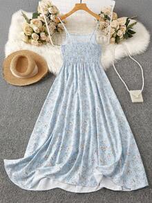 SHEIN LUNE 大码女式碎花假日休闲长款吊带连衣裙，适合新年穿着，女士夏季连衣裙，飘逸碎花连衣裙，春季连衣裙，青少年连衣裙，女士长款休闲连衣裙 - 淺藍色 - 查看 2