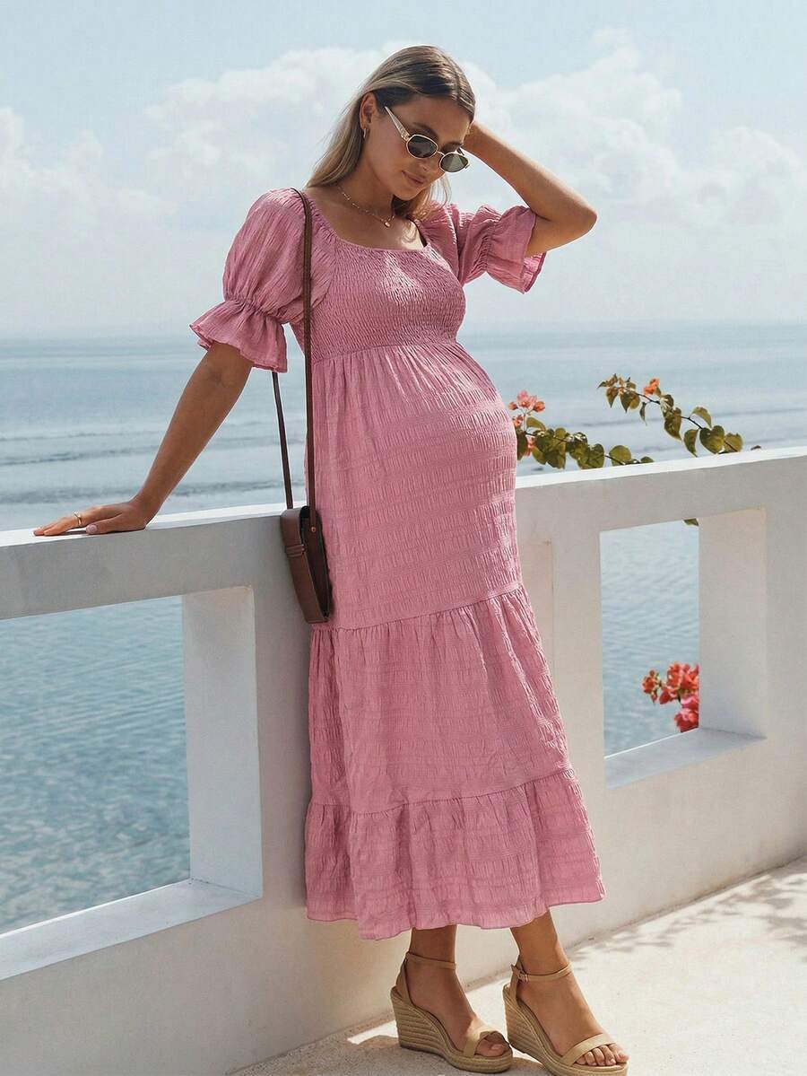 SHEIN Maternity Pink Dress, Comfortable Vacation Outfit, Flattering Bust, Summer Dresses For Women,Summer Outfits,Vacation Outfits Women - Dusty Pink - View 1