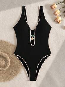 Bonvoyette Swim Swim Lushoire 橙色纹理连体泳衣，饰有贝壳图案和撞色滚边，适合夏季海滩穿着 - 黑色 - 查看 5