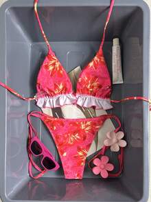 Swim Vcay Swim Suits For Women Women's Summer Beach Solid Color Ruffle Trim Halter Neck Tie Two Pieces Bikini Set - Multicolor - View 3