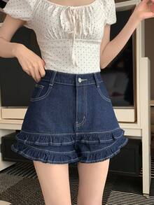 DAZY Women's Retro Korean Style Sweet Ruffle Trim Denim Shorts - Blue - View 4