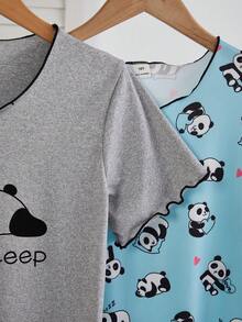 Girls' Minimalist Cute Panda Print Short Sleeve Long Nightgown Pajama Set, White & Pink - Blue - View 4