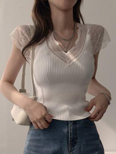 DAZY Women's Lace Korean Style Elegant Short Sleeve Knit Top