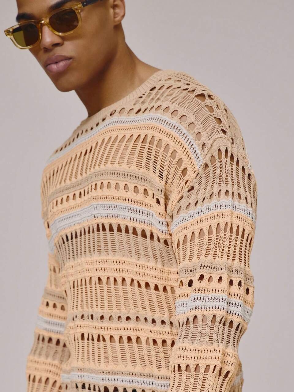 Oversized Crew Neck Long Sleeve Dropped Shoulder Crochet Knit Top Spring Summer Essentials Holiday Beach