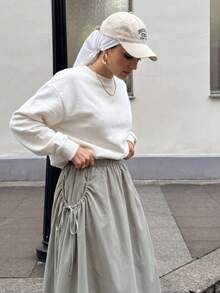 Solavon Sage Green Drawstring Elastic Waist A-Line Maxi Skirt For Women,Minimalist Modest Flowy Solid Color Pocket Casual Long Skirt For Autumn City Break - Green - View 7