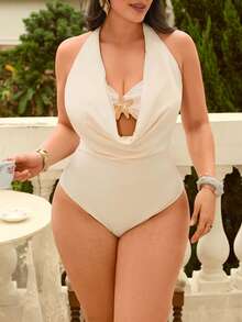 Swim Chiccia New Elegant Plus Size One-Piece Swimsuit, Draped Neck Design, Suitable For Summer Beach Vacation - White - View 2