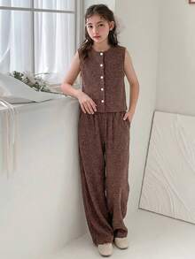 Hapijoa Tween Girl Solid Color Front Button Sleeveless Lightweight Top And Pants Set, Summer - Brown - View 4