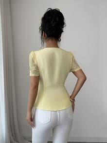 Elenzga Áo kiểu nữ thanh lịch phối lưới, cổ vuông, eo thắt, thích hợp cho mùa hè. - Vàng nhạt - Xem 2