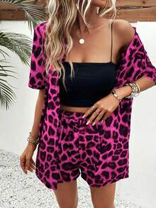 Breezaya Conjunto de 2 piezas de camisa y pantalones cortos impresos casuales para mujer - Rosa Fucsia - Ver 3