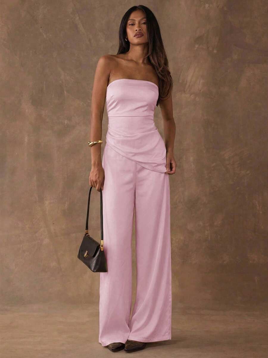 SHEIN BAE Summer Elegant Commuter Solid Color Tube Top And Pants Set - Coral Pink - View 1