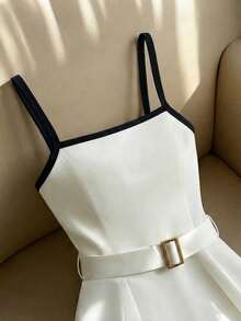 Franclia French-Style Halter Top,Sophisticated White Color-Blocked Women's Dress,Elegant Sexy Summer Party Golf Dress, Decorative Buckle Vacation Outfit - Black and White - View 4