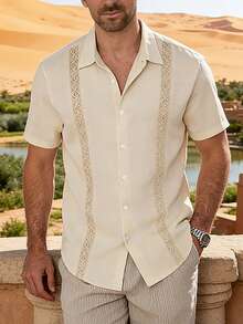 VENTUSAIL 男士夏季纯色蕾丝拼接单排扣休闲衬衫 - 卡其色 - 查看 6