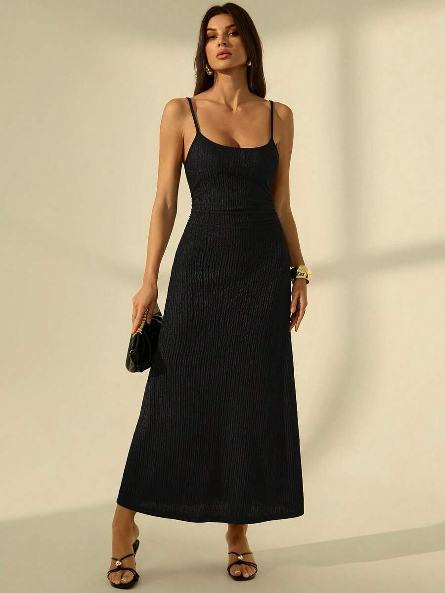 SHEIN Tall Đầm nữ màu đen tối giản, đa năng, lãng mạn, ôm eo tôn dáng, thích hợp cho hẹn hò, du lịch mùa hè. - màu đen - Xem 1