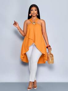 SOLERSUN Plus Size Women's Spring And Summer Fashion Elegant Sexy Leisure Vacation Long Shirt Sleeveless Strap Hanging Neck Twisted Shirt/Blouse, A Front Short Rear Long Cross Overlapping Back Split Solid Color Orange Texture Woven Fabric Wavy Shell Metal Decoration Suitable For Daily Dressing Shopping Date Shopping Beach Dressing Tropical Vacation Music Festival, Quiet Luxury Vacation - Orange - View 8