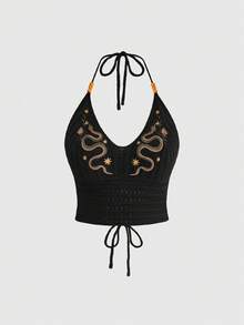 ROMWE Fairycore Summer Outfits Gothic Snake Skin Embroidered Deep V-Neck Plus Size Knit Top, Summer - Black - View 5