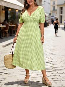 Breezaya Plus Size Sage Green Plaid Dress,Summer Elegant Deep V-Neck Puff Sleeve Mid-Length Skirt,Bali Tea Party Boho Picnic Vacation Resort Wear For Women - Green - View 7