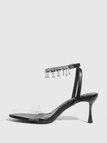 CUCCOO SZL Women Shoes Summer Pointed Black Transparent Film Rhinestone Chain Ankle Strap Open Toe Sexy Fashion Party Nightclub High Heel Sandals - Black - View 4