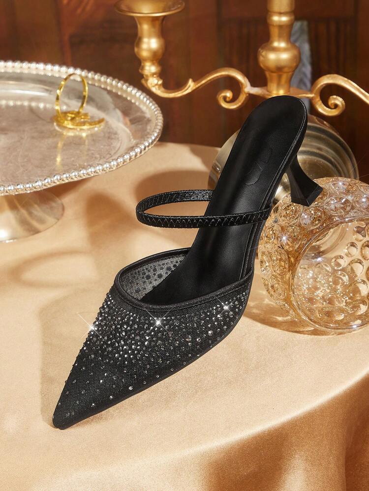 CUCCOO TILAWA Women Shoes Women's Fashion Pointed Rhinestone Black Mesh Splicing Fashion Party Dinner Gorgeous Sexy Kitten Heel Women's High Heel Shoes Mule Shoes
