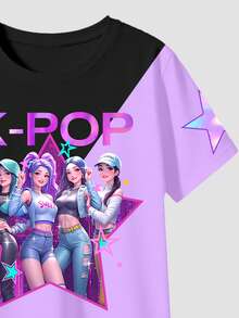 2件組 Y2K 風格紫色夏季 80年代 K-POP 彩色字母與星星印花圓領短袖 T 恤與短褲套裝，適合前青春期女孩，K-Pop 穿搭 - 彩色 - 查看 4