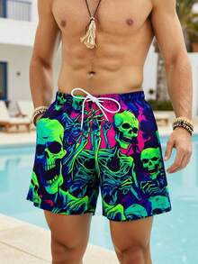 Manfinity Swimmode 男士骷髅印花抽绳腰带口袋沙滩短裤 - 綠色 - 查看 6