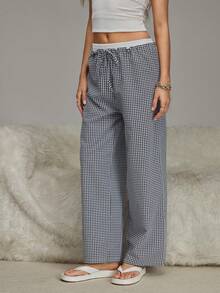 HautHeat Women's Plaid Wide Leg Loungewear Bottoms - Black and White - View 4