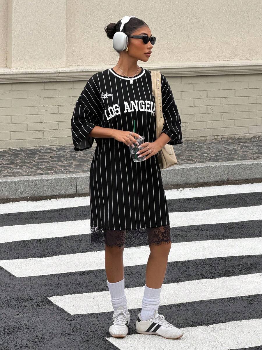 Muchica Women's Spring/Summer New Striped Contrast Lace Trim Loose Short Sleeve Mini Dress - Black and White - View 1