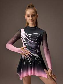 Tween Girl Mandarin Collar Color Block Rhinestone Decor Casual Everyday Figure Skating Sports Jumpsuit - Multicolor - View 4