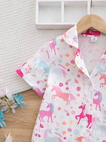 2件套 女童简约舒适独角兽印花开衫短袖上衣和短裤睡衣套装 - 彩色 - 查看 3