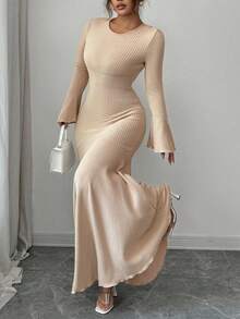 Elenzga Plus Size Women Solid Color Waist Ruffle Hem Mermaid Dress With Long Sleeves - Champagne - View 4
