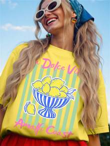 DrmWander Amalfi Coast Lemon Bowl Printed Casual Plus Size T-Shirt - Yellow - View 1