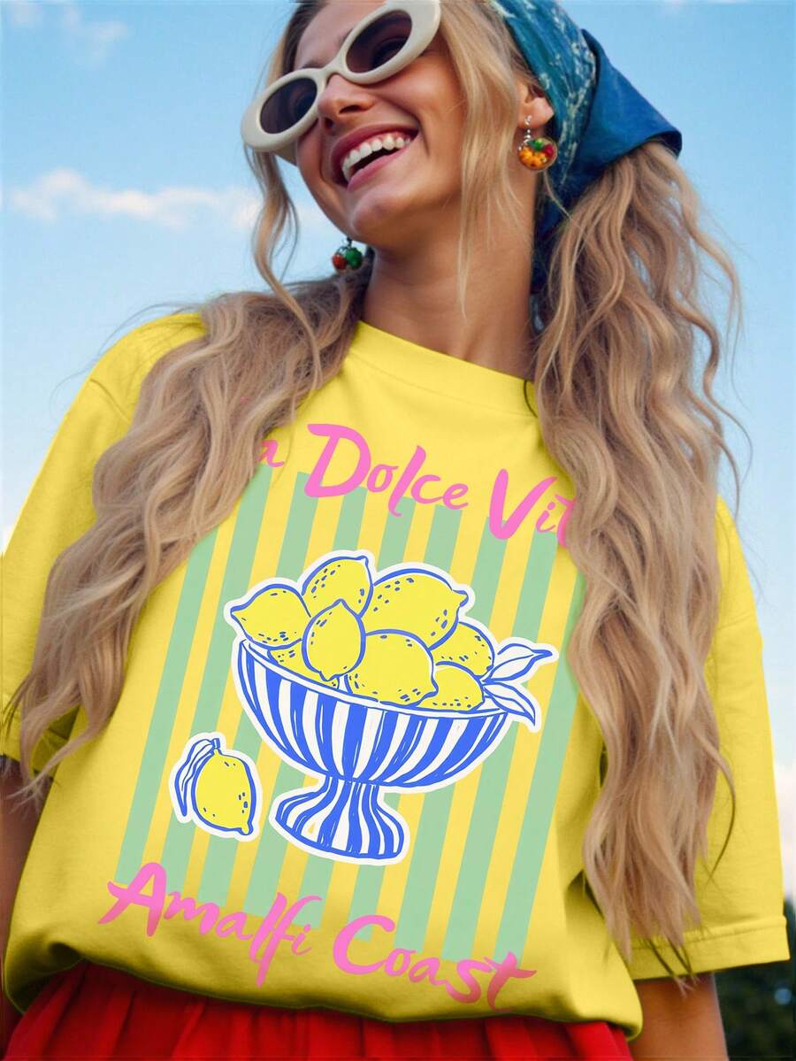 DrmWander Amalfi Coast Lemon Bowl Printed Casual Plus Size T-Shirt - Yellow - View 1