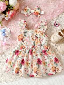 SHEIN 2pcs Baby/Toddler Girls' Summer Sleeveless Watercolor Floral Print Dress And Headband Set Birthday Purple Floral Cute - Multicolor - View 2