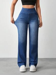 SHEIN Essnce Damen Lässig Vielseitig Alltagskleidung Hoch-Stretch Denim Hose Reise Marineblau Sommer, Große Frauen - Dunkle Waschung - Übersicht 3