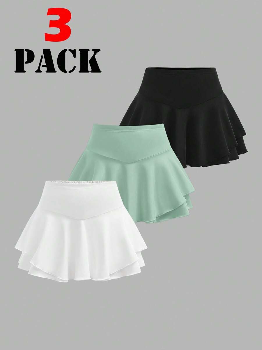 SHEIN Girlism Conjunto de vestido y pantalones cortos deportivos de unicolor de punto para niñas preadolescentes, compra 1 y llévate 2 - Multicolor - Ver 1