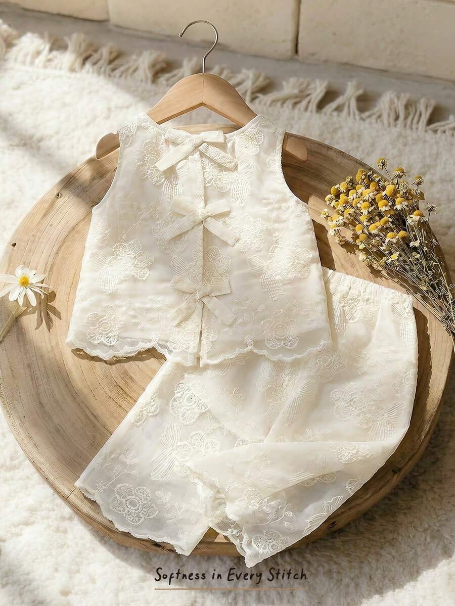 Cozy Pixies 女嬰白色夏季優雅雞尾酒正式套裝,蕾絲無袖圓領上衣與鬆緊腰長褲 2 件套,亞麻派對服飾 - 杏色 - 查看 1