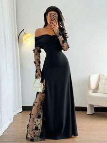 Rafferiza Modisches und würdevolles Damen Kleid, Off-Shoulder Mesh-Einsatz, Langarm und drapiertem Schnitt, geeignet für Partys und Dates - Schwarz - Übersicht 3