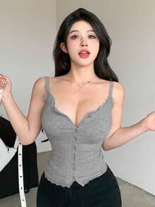 DAZY Women Lace Patchwork Camisole With Built-In Padded Bra - Light Grey - View 12